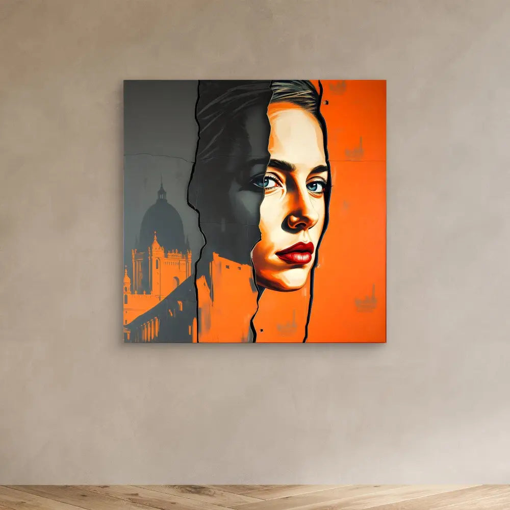 Stylized portrait artwork with dramatic orange and black contrast.