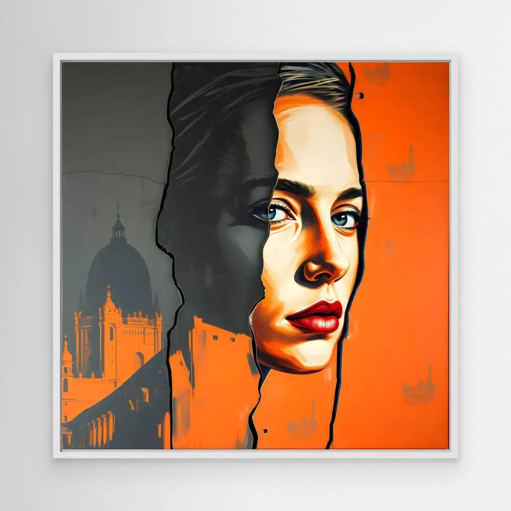 Stylized portrait artwork with a dramatic orange and black color scheme showing a contemplative expression.