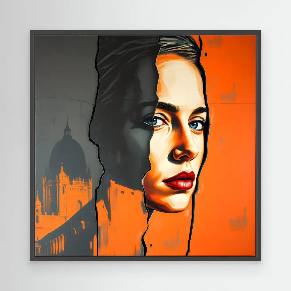 Stylized portrait artwork with a split composition in orange and black tones.