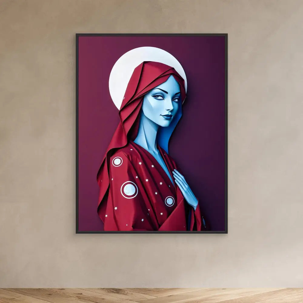 Stylized portrait of a blue-skinned figure wearing a red hooded garment with circular decorative elements and a white halo.