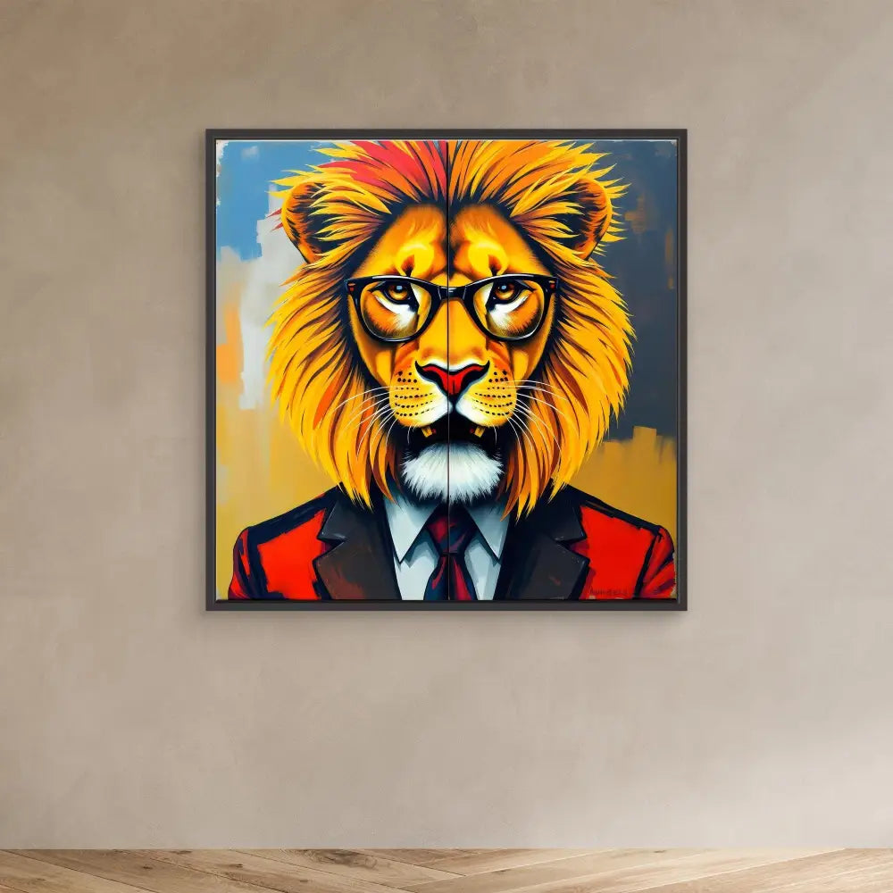 Stylized portrait of a lion wearing glasses, a suit jacket and tie.