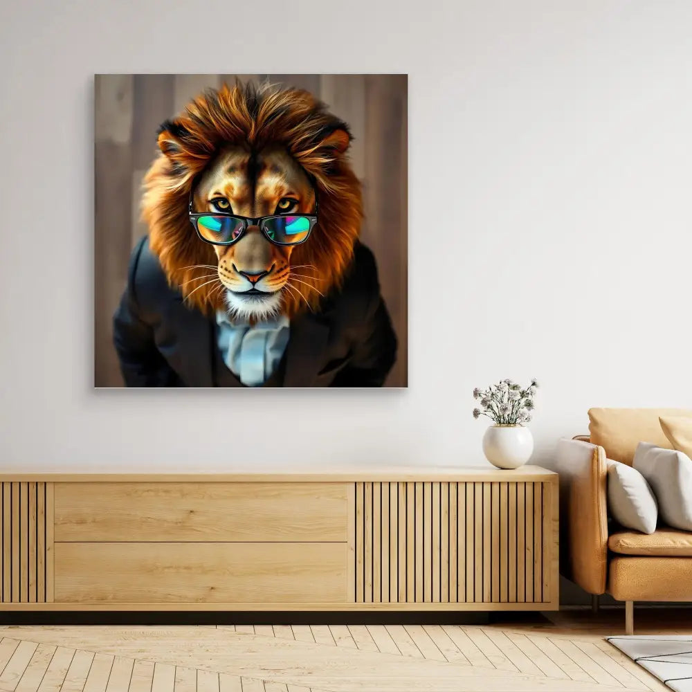 Stylized portrait of a lion wearing sunglasses and a business suit.