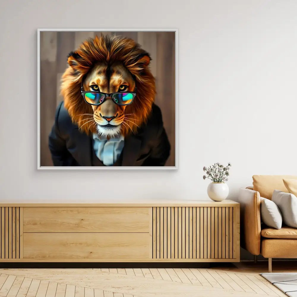 Stylized portrait of a lion wearing sunglasses and a business suit.