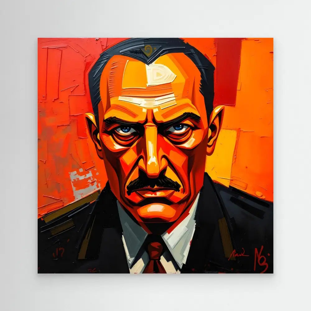 A stylized portrait painting with bold orange and black colors depicting a stern-looking figure in a suit and tie.