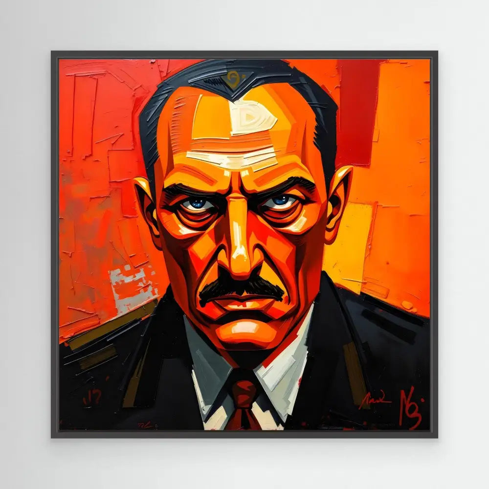 A stylized portrait painting with bold orange and red tones showing a stern-looking figure in a black suit and tie.