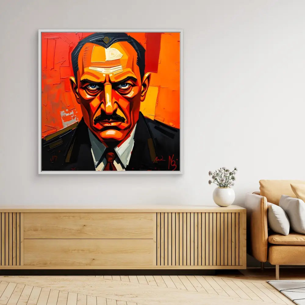 A stylized portrait painting with bold orange and red tones depicting a stern-looking figure in a dark suit.