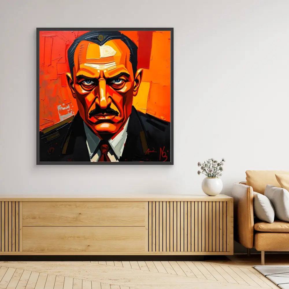 A stylized portrait painting with bold orange and red tones in a black frame.