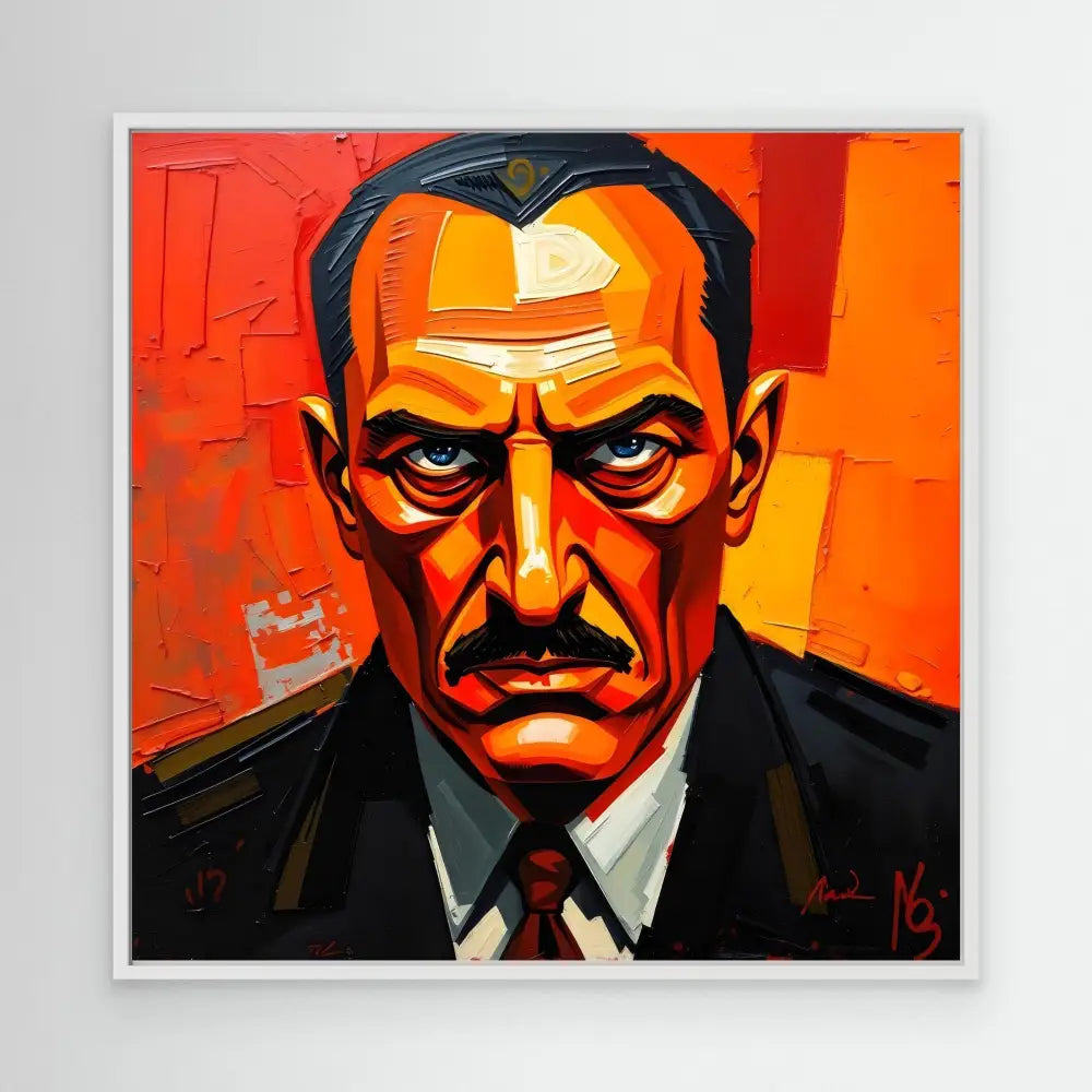 A stylized portrait painting in bold orange and black tones showing a stern-looking figure in a dark suit and tie.