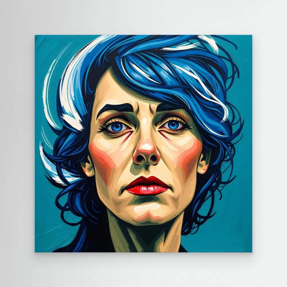 Stylized portrait painting featuring dramatic blue hair, bold red lips, and intense eyes against a turquoise backdrop.