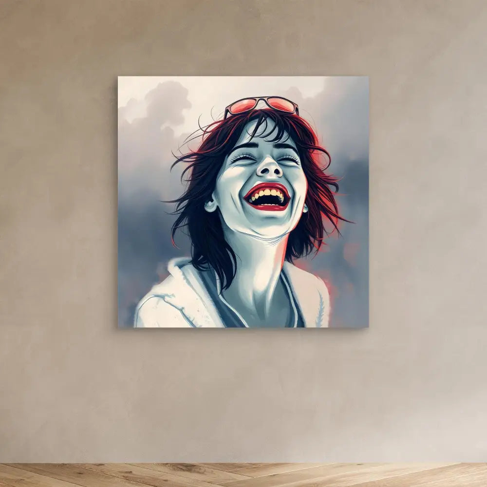 A stylized portrait painting showing pure joy and laughter with windswept red-tinted hair.