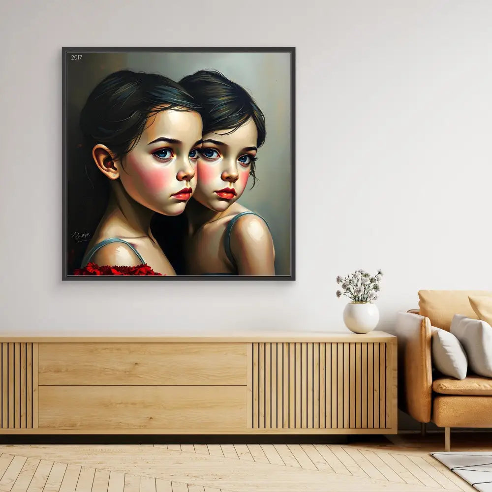 A stylized portrait painting of two young figures with rosy cheeks and dark hair.