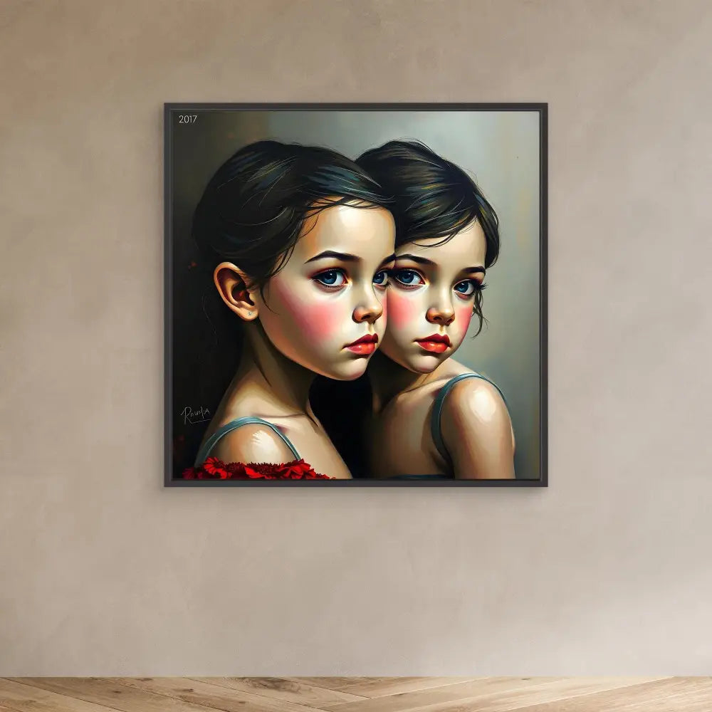 A stylized portrait painting of two young figures with dark hair and rosy cheeks.