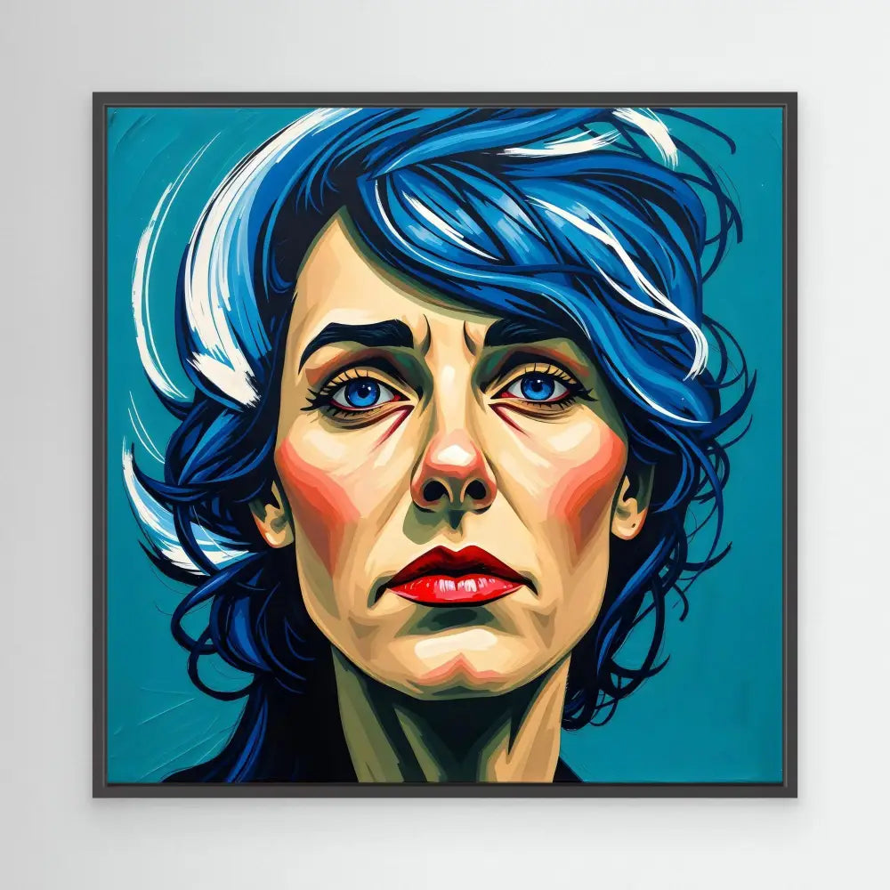 A stylized portrait painting featuring vibrant blue hair, bold red lips, and intense eyes against a teal background.