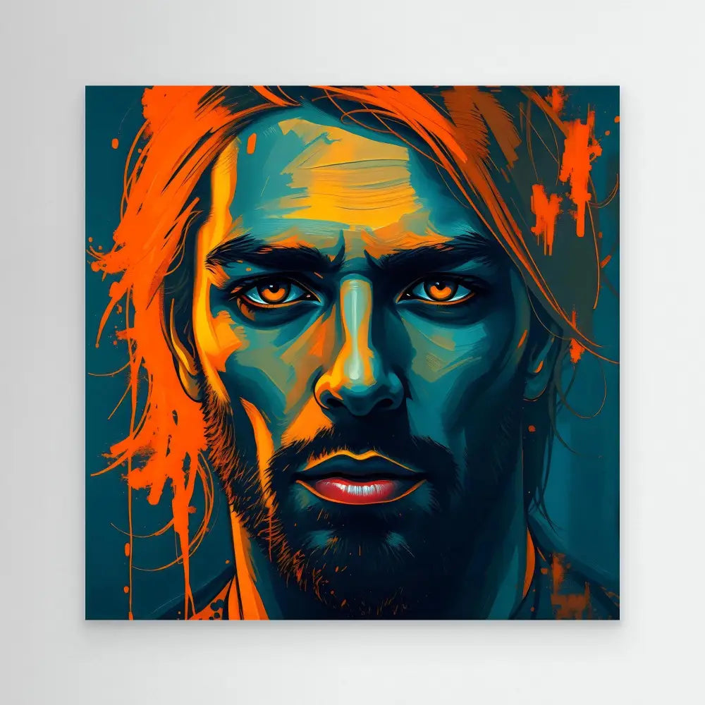 Stylized portrait painting with vibrant orange and teal contrasting colors showing intense eyes and facial features with a beard.