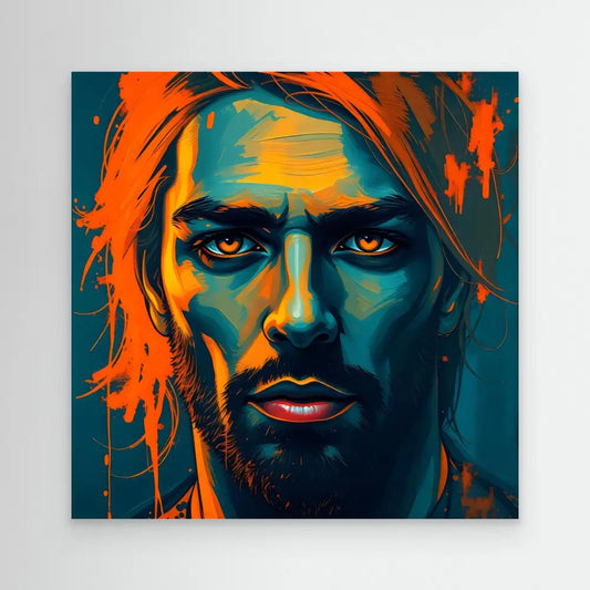 Stylized portrait painting with vibrant orange and teal contrasting colors showing intense eyes and facial features with a beard.