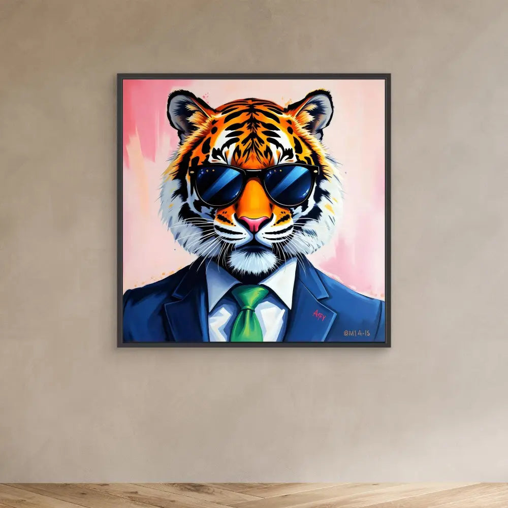 Stylized portrait of a tiger wearing sunglasses, a business suit and green tie.