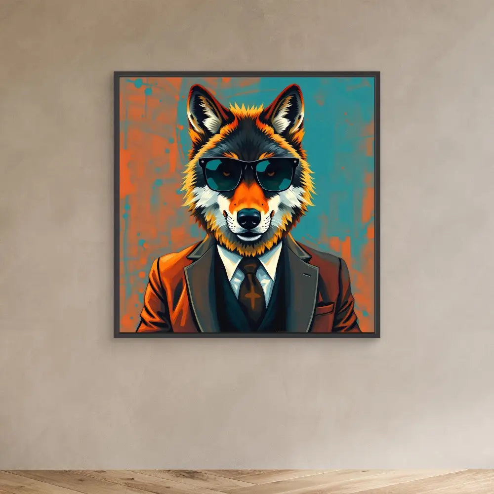 Stylized portrait of a wolf wearing sunglasses, a suit and tie.