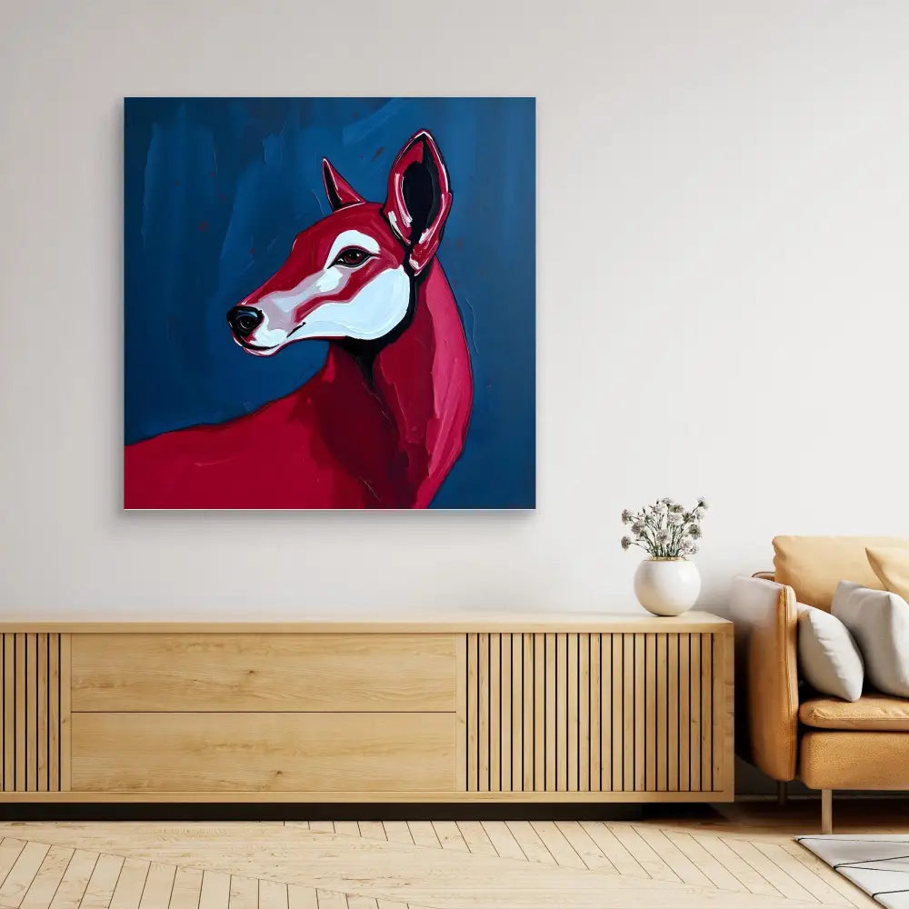 Stylized red deer head with white facial markings against a blue background.