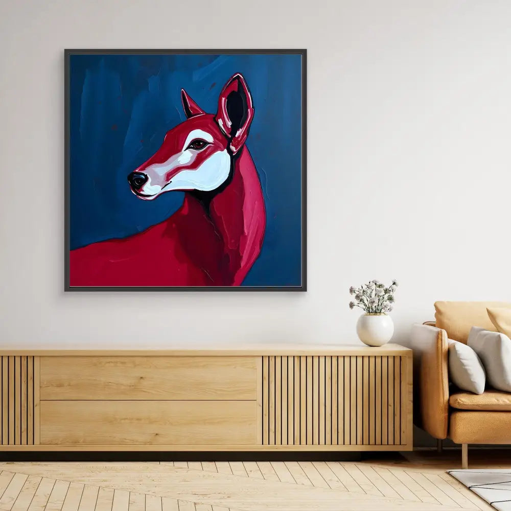 A stylized red deer portrait with white facial markings against a dark blue background.