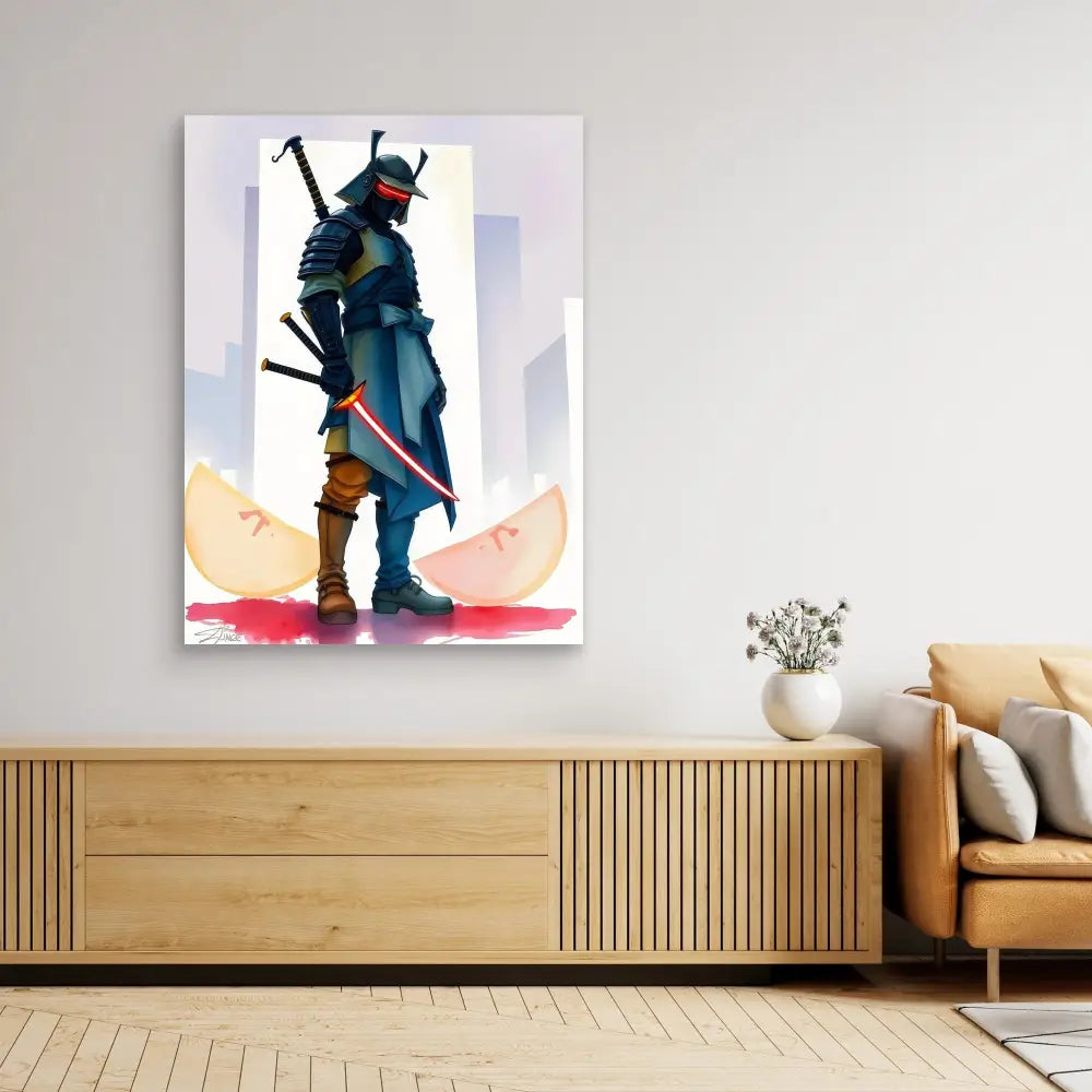 Stylized samurai warrior artwork with multiple swords mounted on a wall.