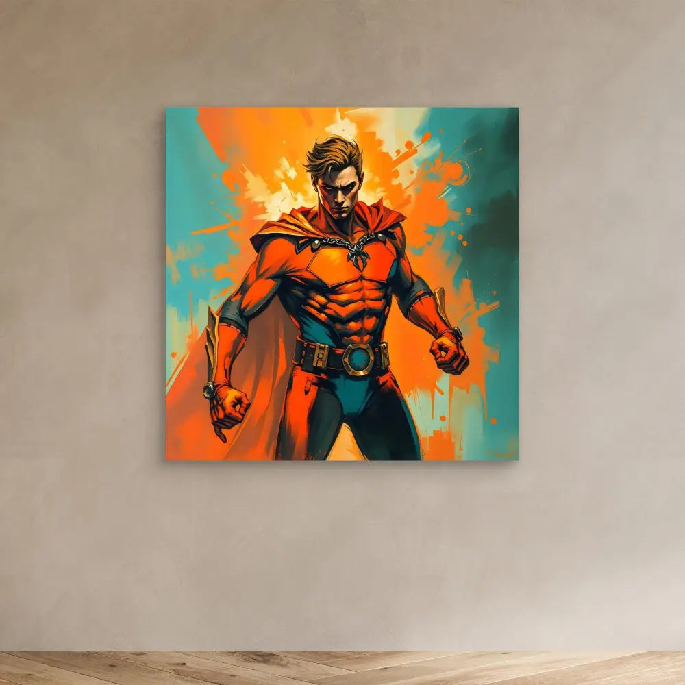 Stylized superhero artwork in orange and teal colors showing a muscular figure in a dramatic pose.