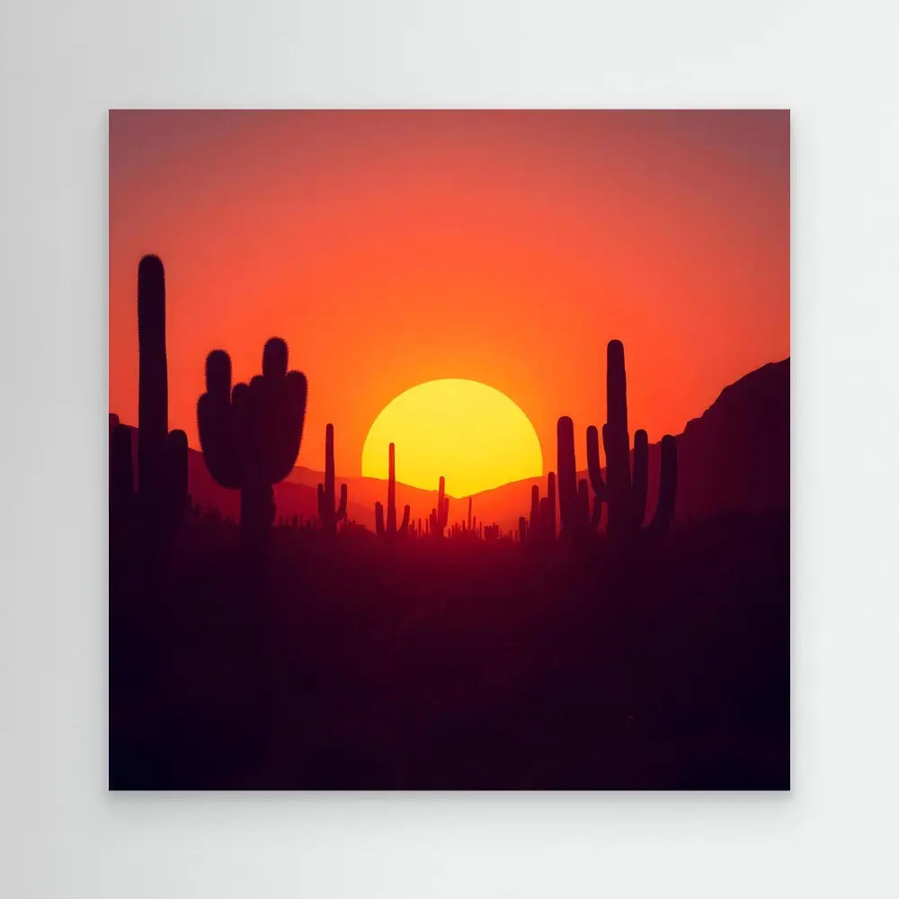 Setting sun behind silhouetted saguaro cacti in a desert landscape.