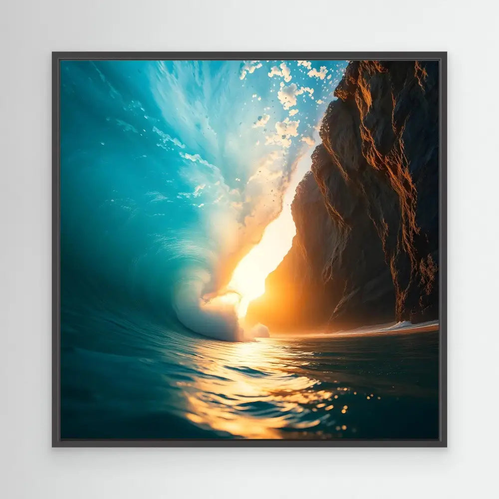 Sunlit ocean wave curling near a rocky cliff.