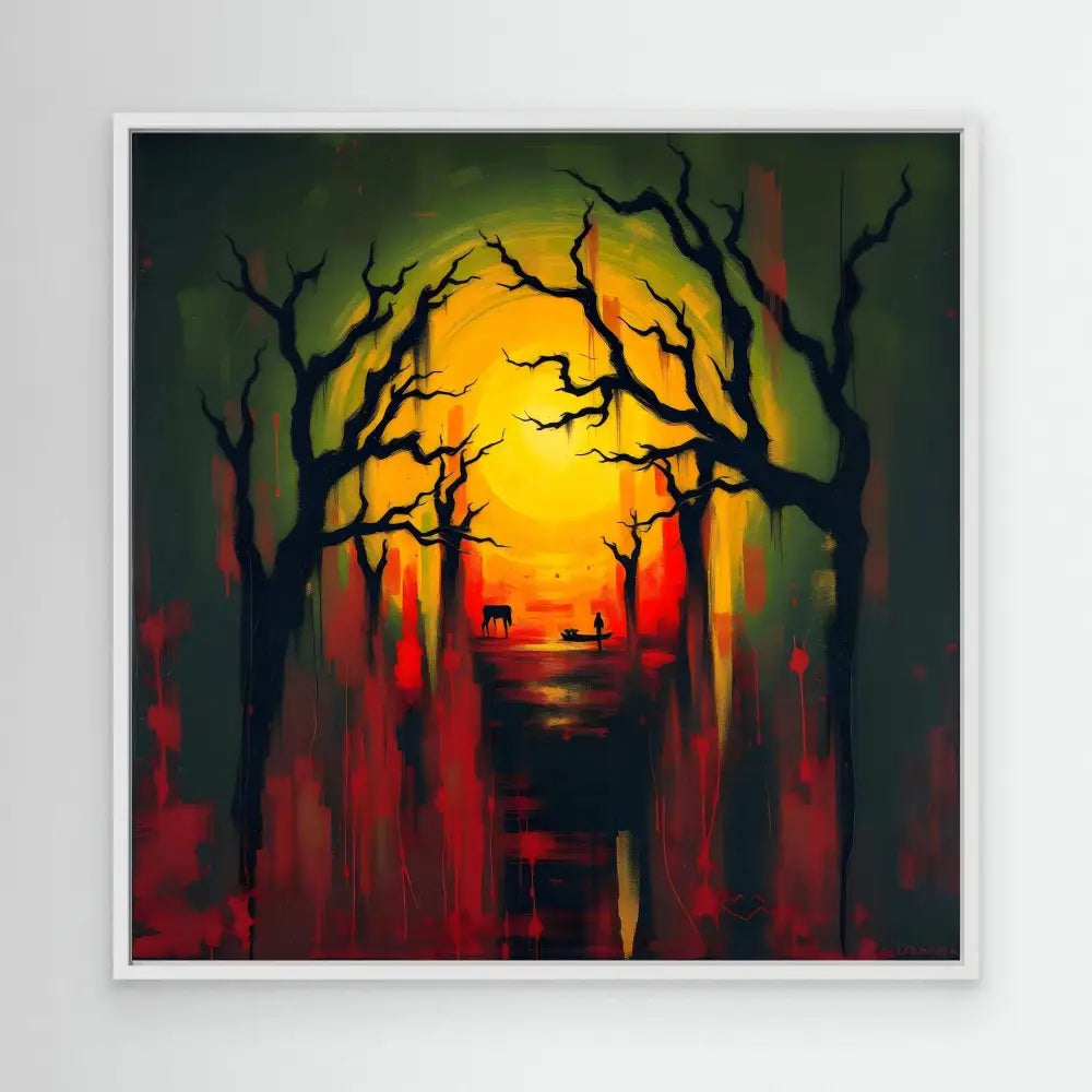 A sunset forest painting with silhouetted trees against an orange sky.