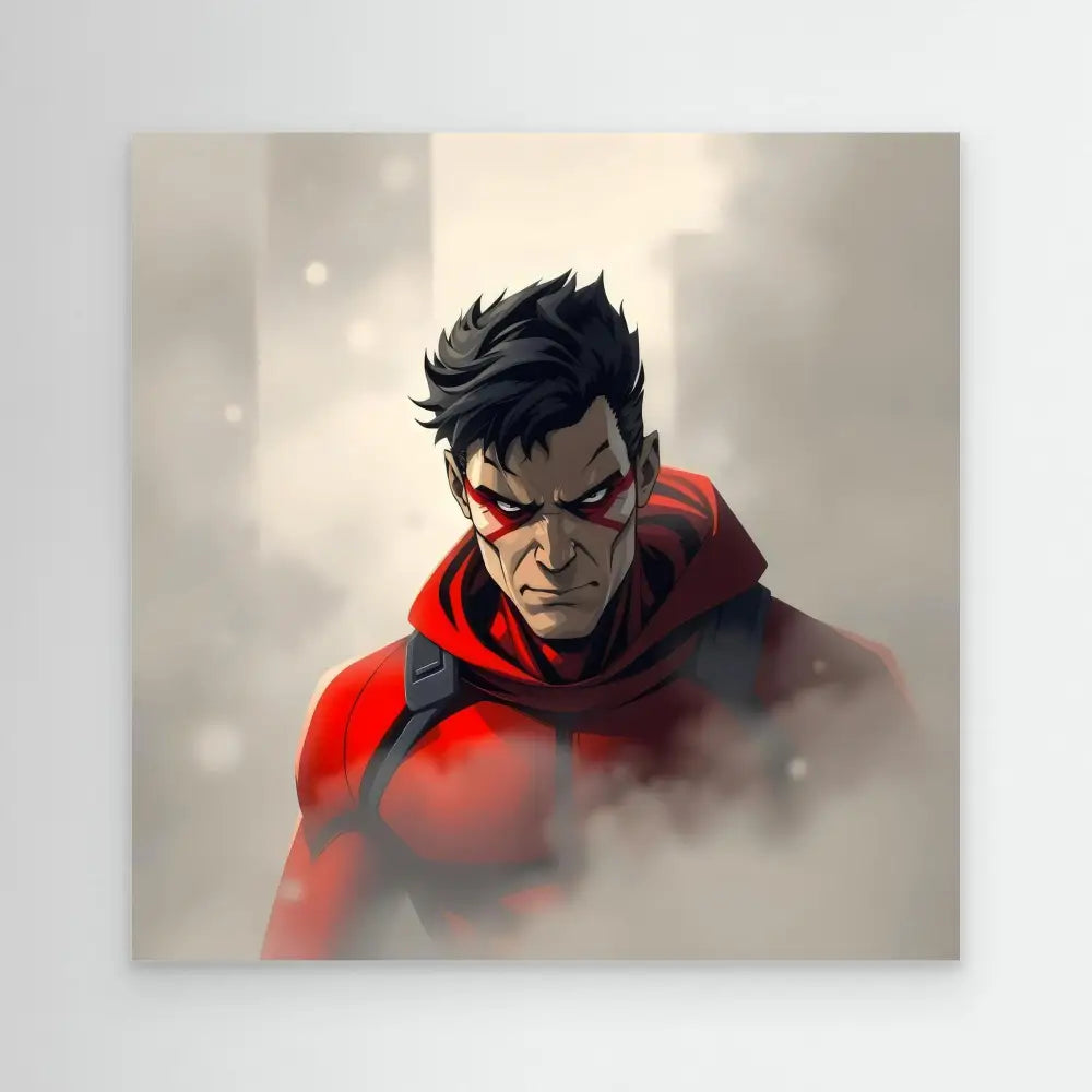 A brooding superhero character wearing a red hood and dark hair against misty atmosphere.