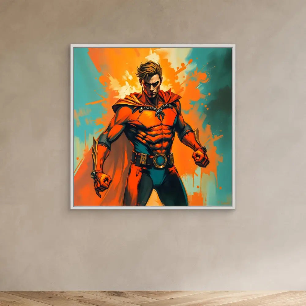 A superhero in a red costume stands powerfully against an orange and turquoise splash effect.