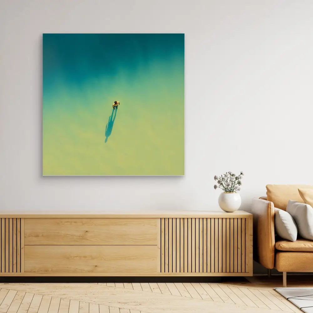 A surfboard floating in turquoise and yellow gradient space.