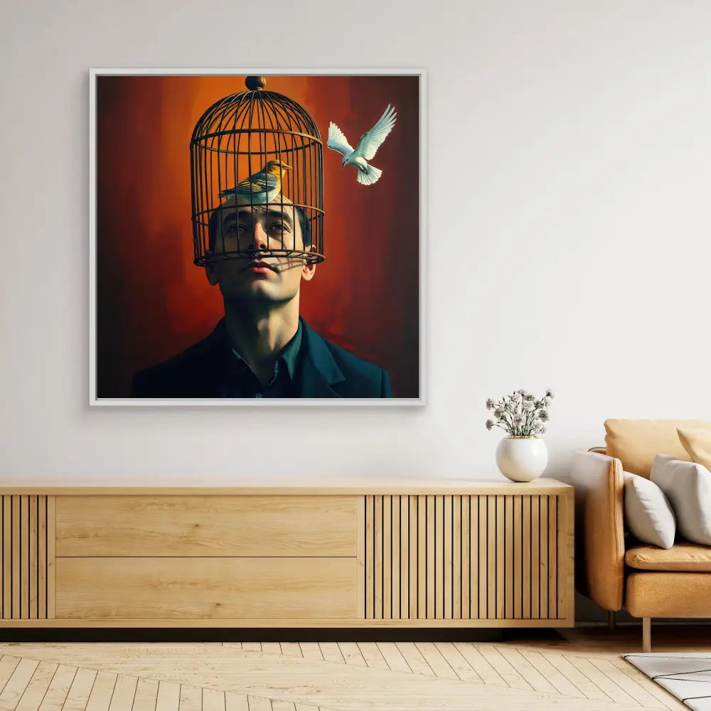 Surreal artwork showing a birdcage merged with a head while a white dove flies away.