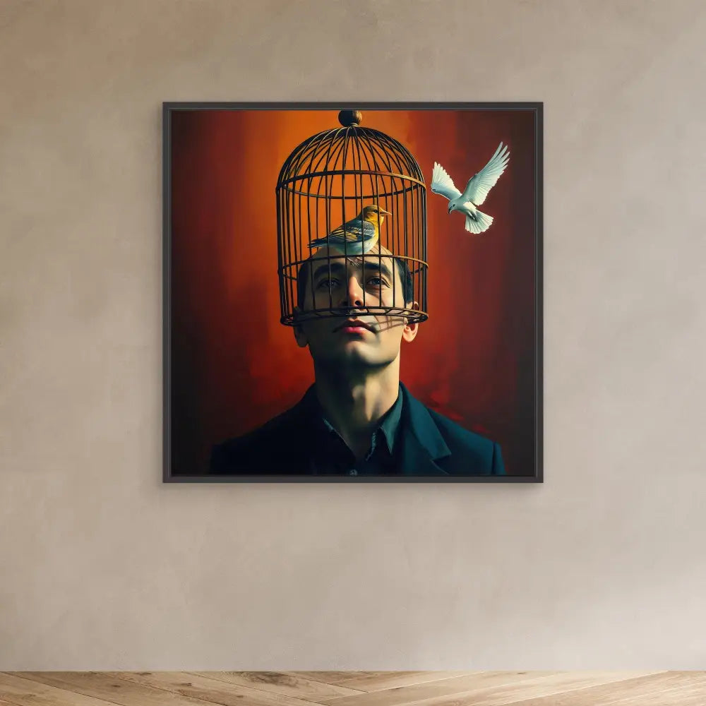 Surreal artwork showing a birdcage replacing the upper portion of a suited figure’s head, with a white dove flying nearby.