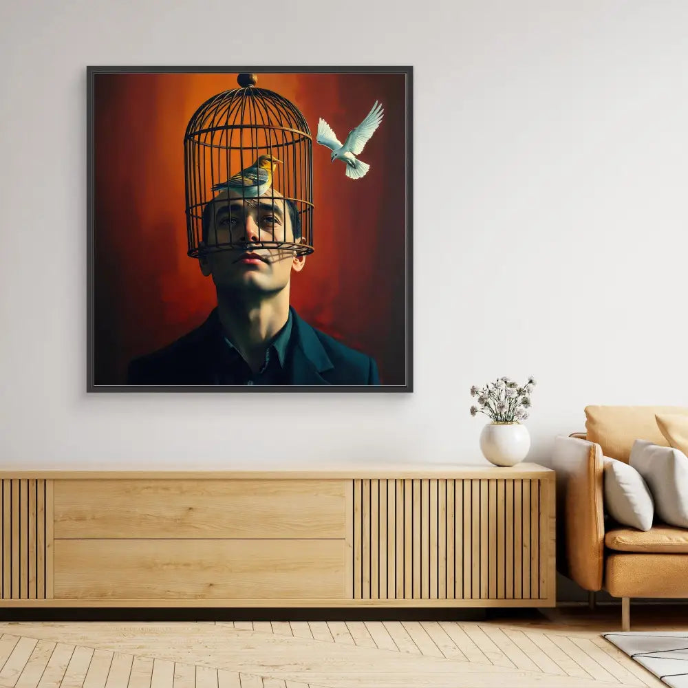 Surreal artwork depicting a birdcage replacing the upper portion of a head while a white dove flies away.