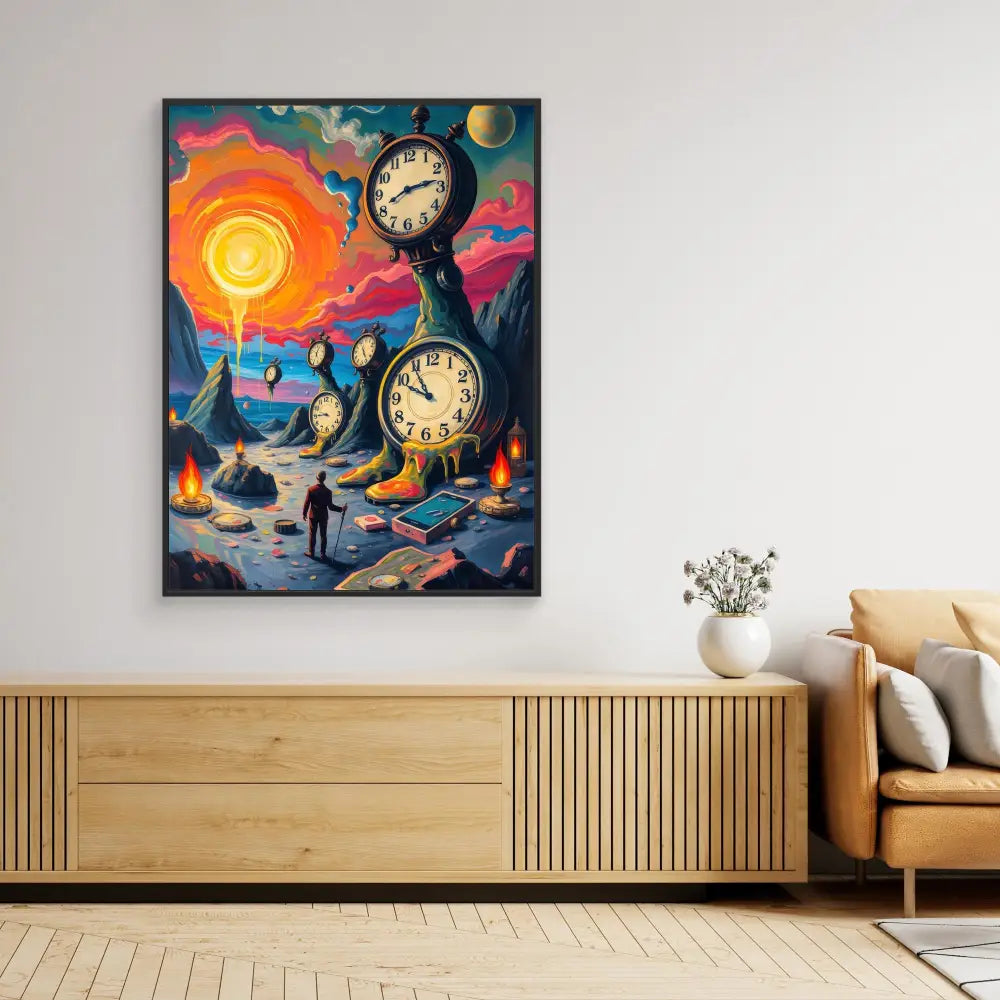 Surreal artwork featuring floating clocks against a vibrant sunset sky.