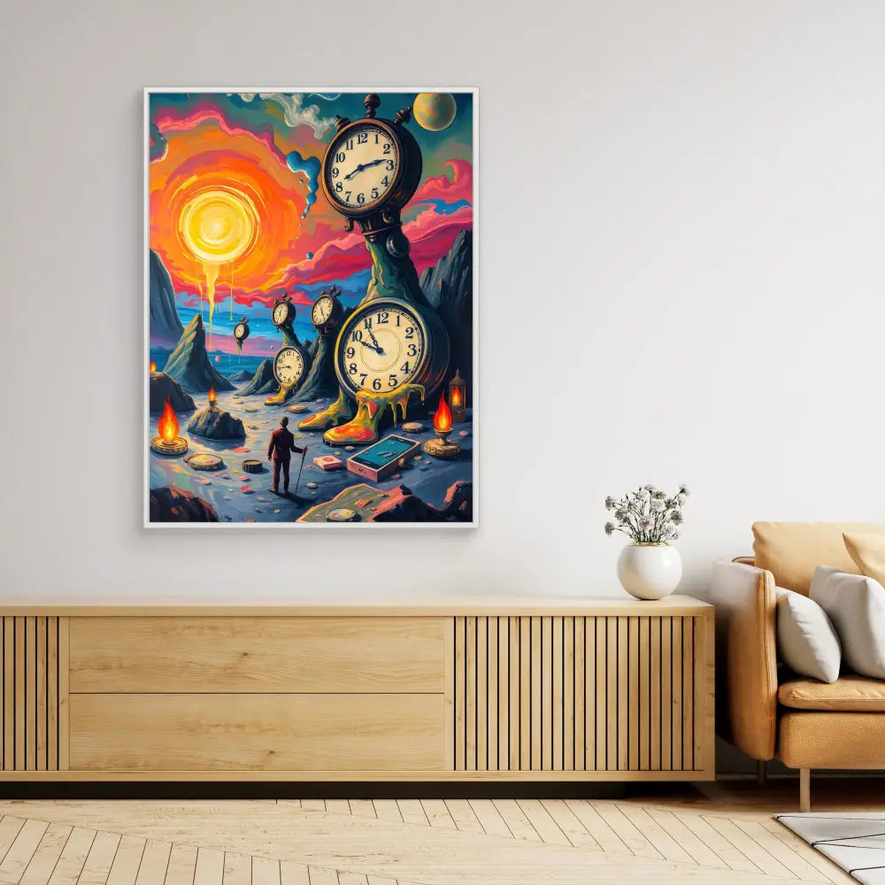 A surreal artwork featuring floating clocks against a vibrant sunset sky.