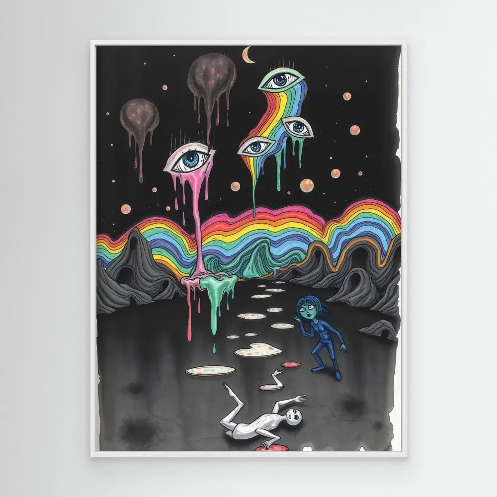 Surreal artwork featuring floating eyes crying rainbow tears over a wavy rainbow landscape.