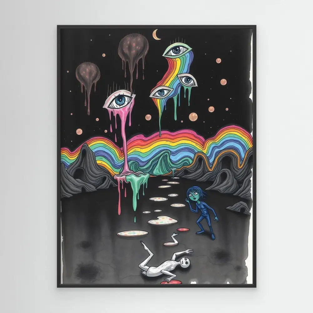 Surreal artwork featuring floating eyes with rainbow tears and dripping colors over a dark landscape.