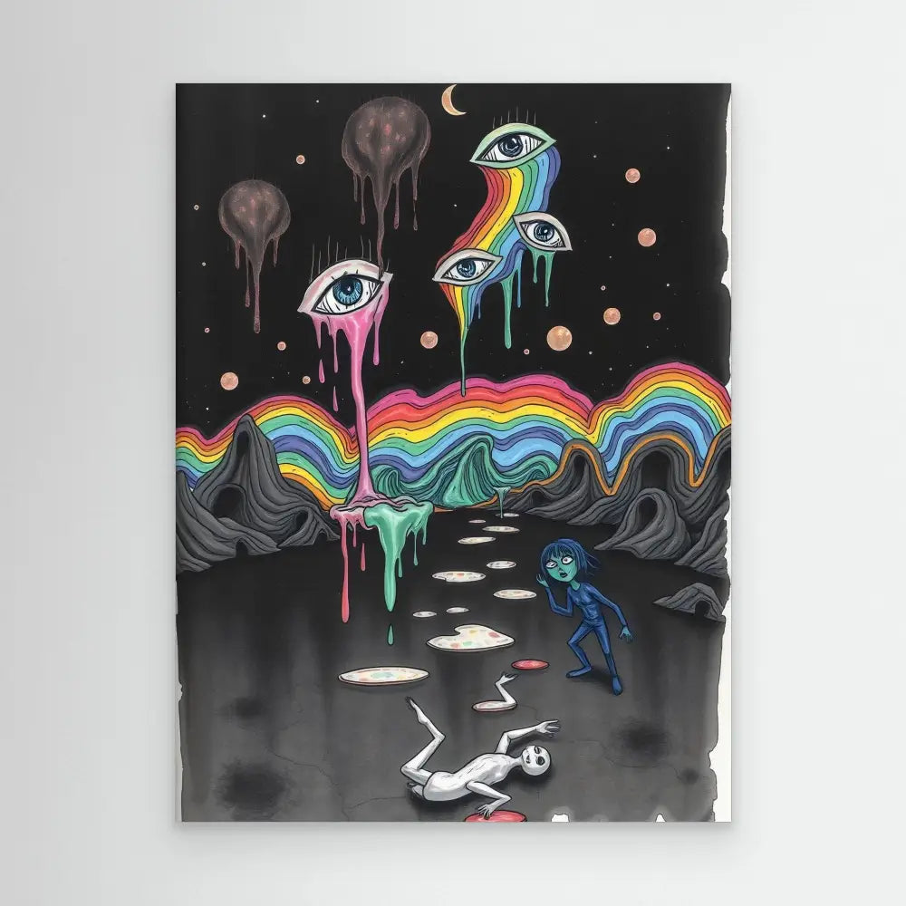 Surreal artwork featuring floating eyes dripping rainbow tears over a wavy landscape.