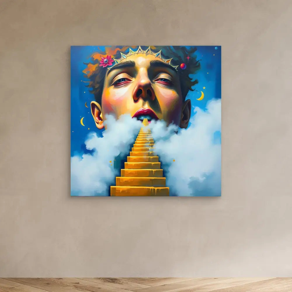 Surreal artwork showing a face in the sky with golden stairs emerging from its mouth.