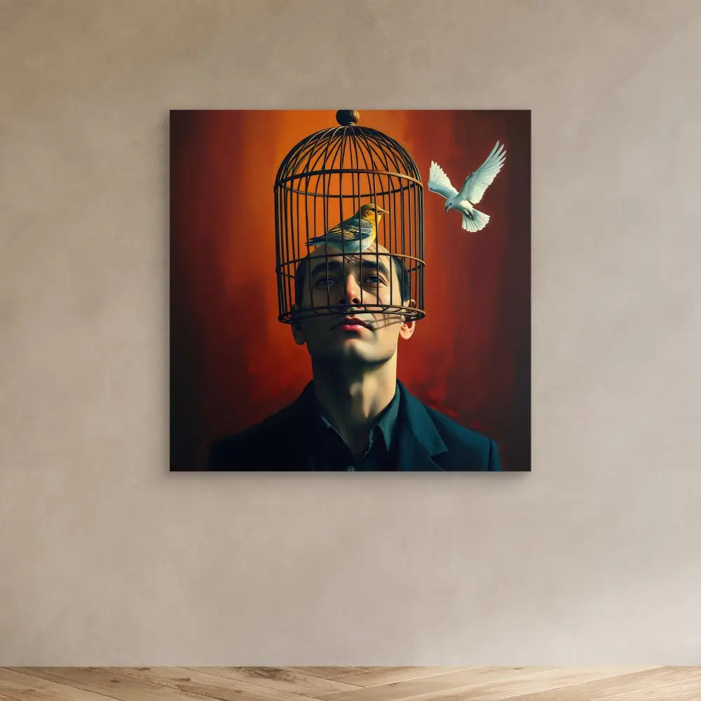 Surreal artwork depicting a figure wearing a suit with their head encased in a birdcage while a white dove flies nearby.