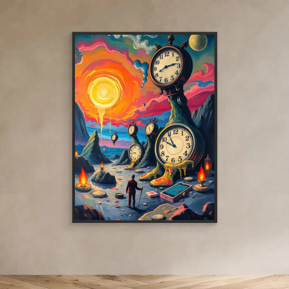 Surreal artwork featuring giant melting clocks in a dreamlike landscape.