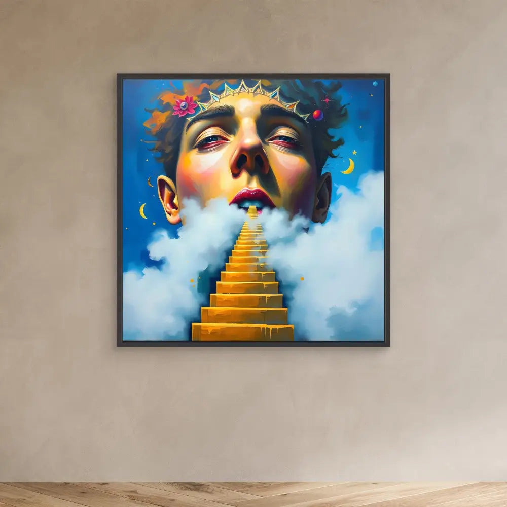 Surreal artwork featuring golden stairs ascending into clouds beneath a face adorned with a colorful crown.