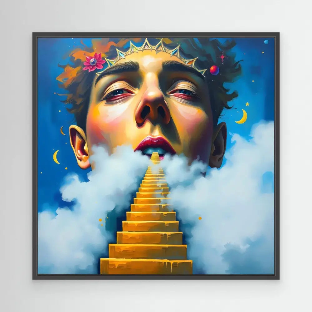 Surreal artwork showing golden stairs ascending through clouds toward a celestial figure wearing a crown.