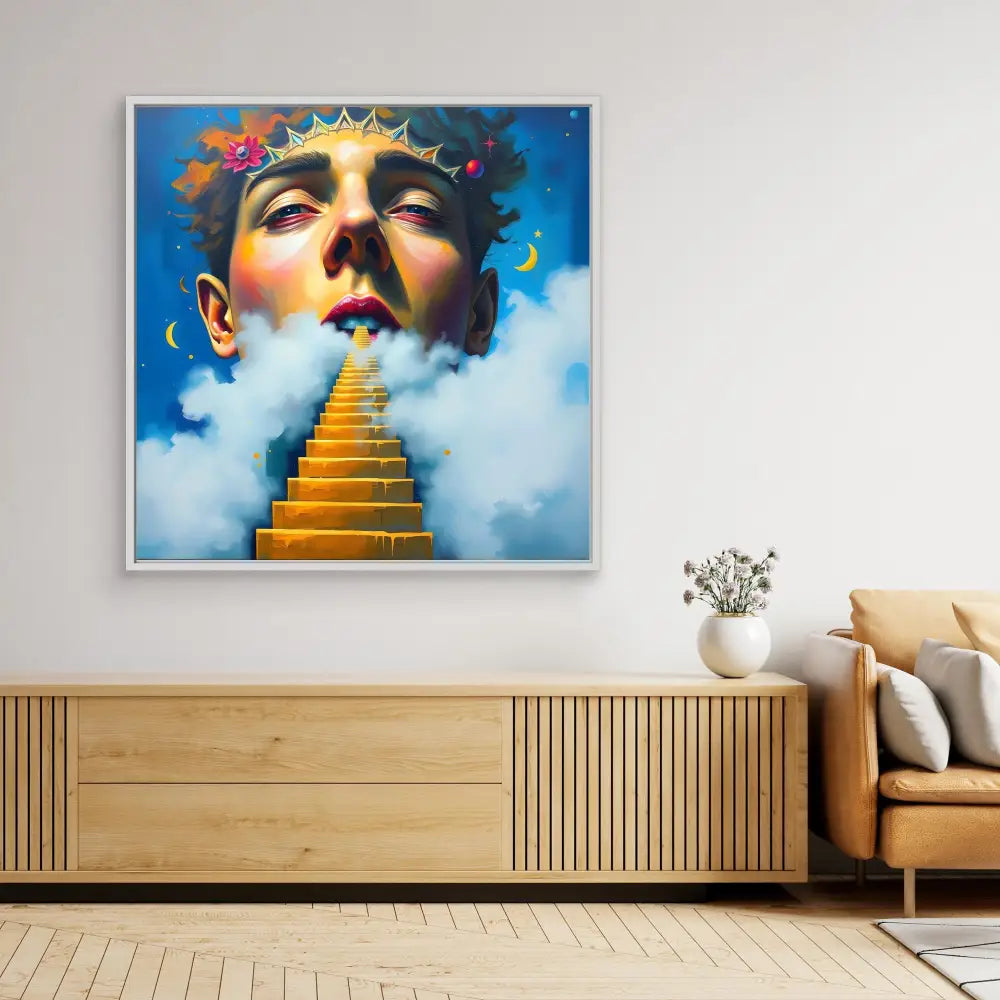 Surreal artwork featuring a golden stairway ascending into clouds beneath an upward-gazing visage.