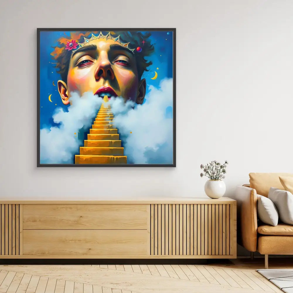 Surreal artwork featuring a golden stairway leading to a face emerging from clouds against a blue sky.