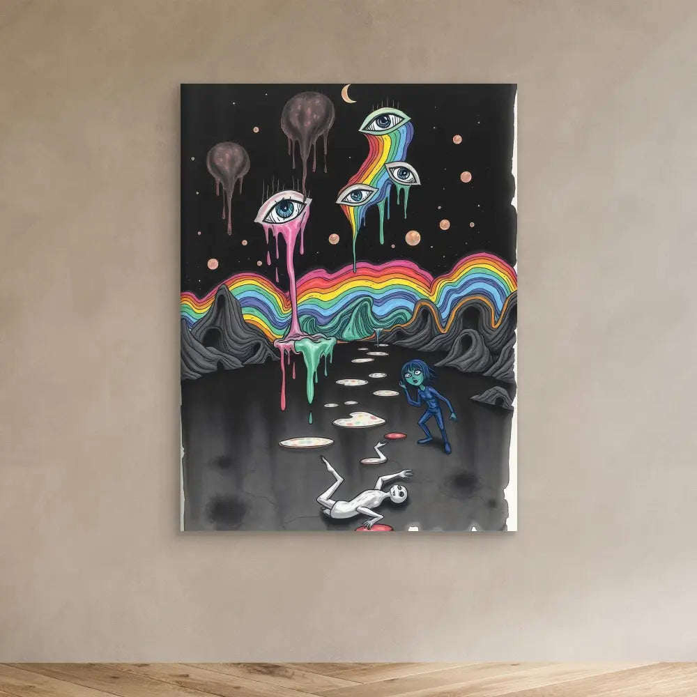 Surreal artwork featuring dripping rainbow waves, floating eyes, and a falling figure against a dark backdrop.