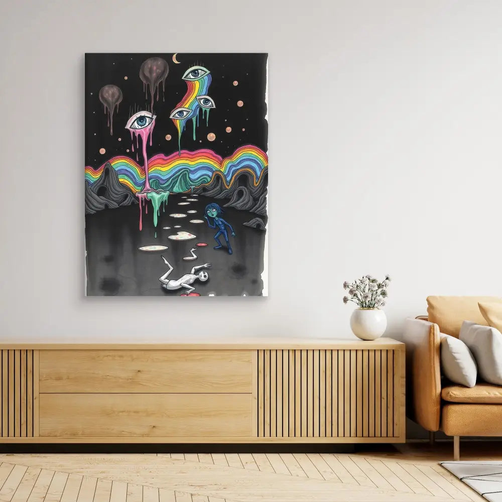 Surreal artwork featuring dripping rainbows and abstract shapes against a dark background.