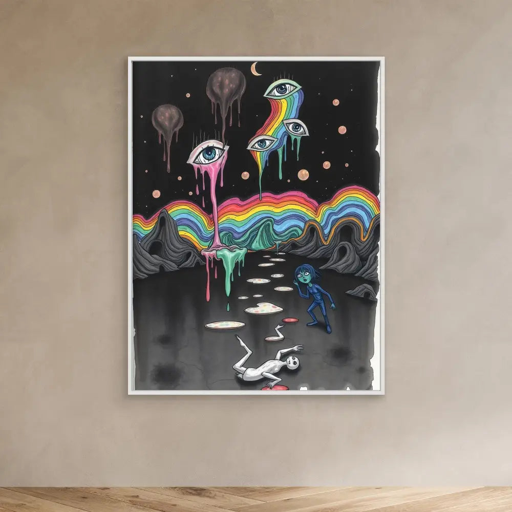 Surreal artwork featuring melting rainbows, floating eyes, and an astronaut in a dark dreamscape.