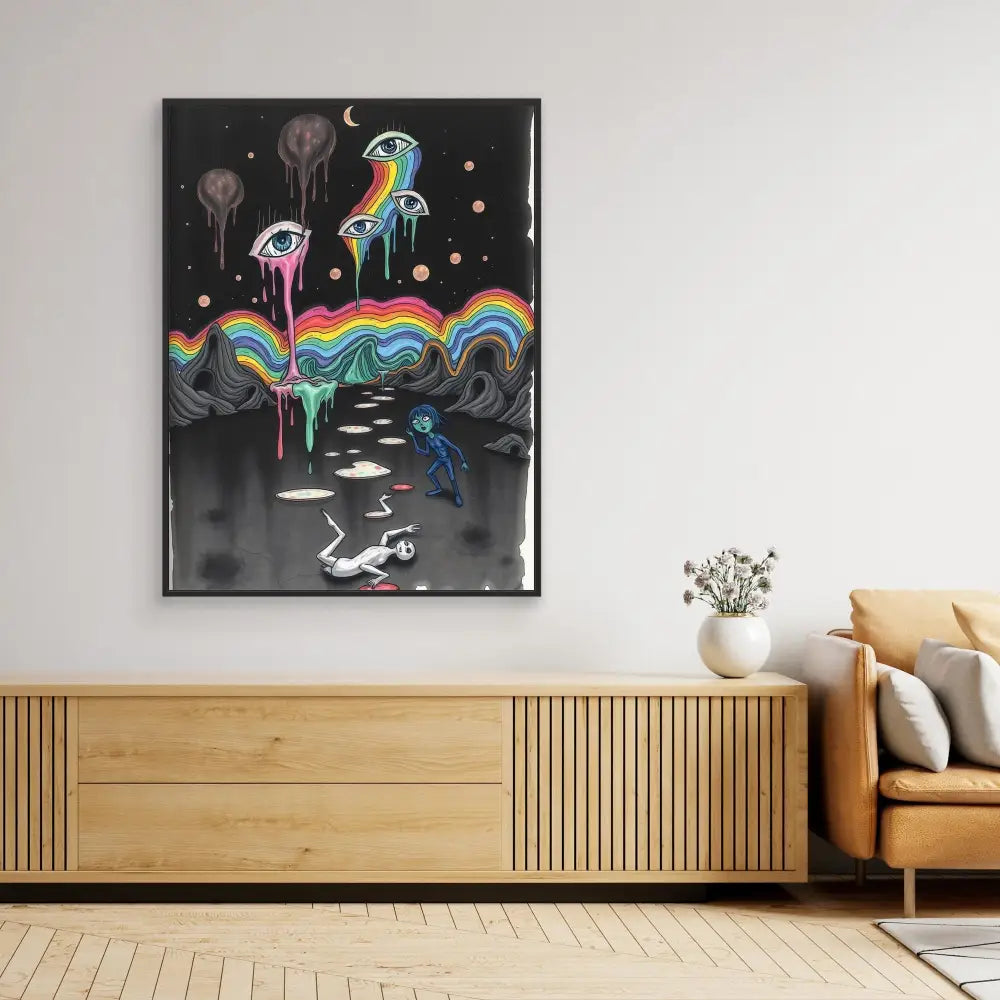 Surreal artwork featuring dripping rainbows, floating eyes, and birds against a dark background.